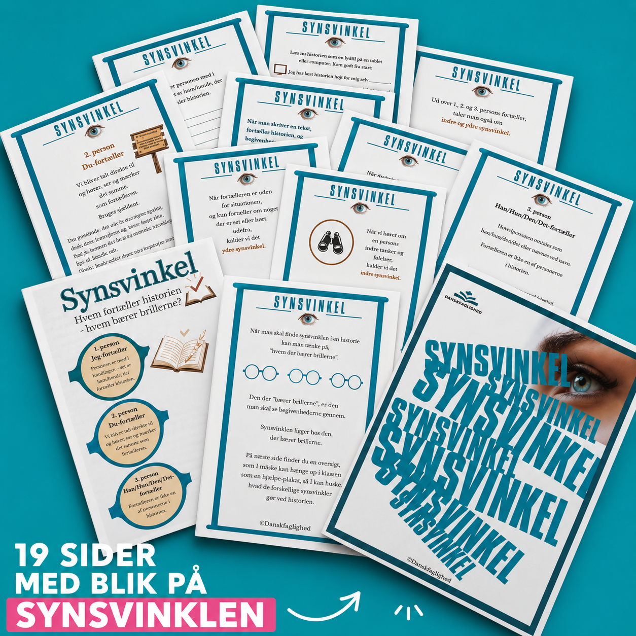 Undervisningsmateriale om synsvinkel til mellemtrin og udskoling. Hæftet indeholder 19 sider med forklaringer, eksempler, oversigter og skriveopgaver om jeg-fortæller, du-fortæller, 3. persons fortæller samt indre og ydre synsvinkel. Materialet er vist som et opslag af sider med blå detaljer og forside med titlen "Synsvinkel".
