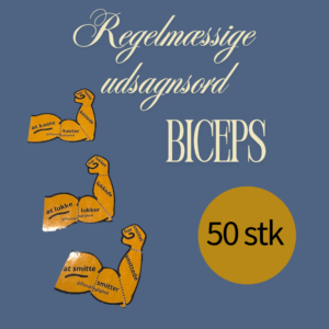 Illustration om bøjning af regelmæssige udsagnsord. På blå baggrund vises overskriften "Regelmæssige udsagnsord" og ordet "BICEPS" med store lyse bogstaver. Til venstre ses tre orange bicepsfigurer formet af papirklip, som viser bøjning af udsagnsordene "at kaste – kaster – kastede – har kastet", "at lukke – lukker – lukkede – har lukket" og "at smitte – smitter – smittede – har smittet". Nederst til højre står "50 stk" i en stor orange cirkel. Materialet er fra Danskfaglighed og træner bøjning af regelmæssige udsagnsord gennem visuelle bicepskort.