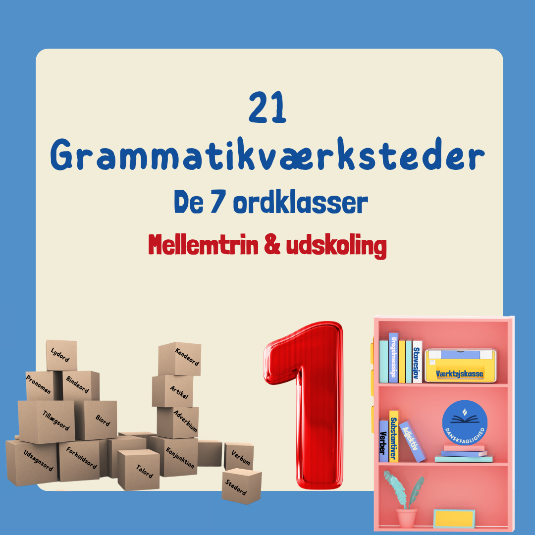Grammatikpakke 1 med 21 grammatikværksteder til stationsundervisning om de 7 ordklasser til mellemtrin og udskoling
