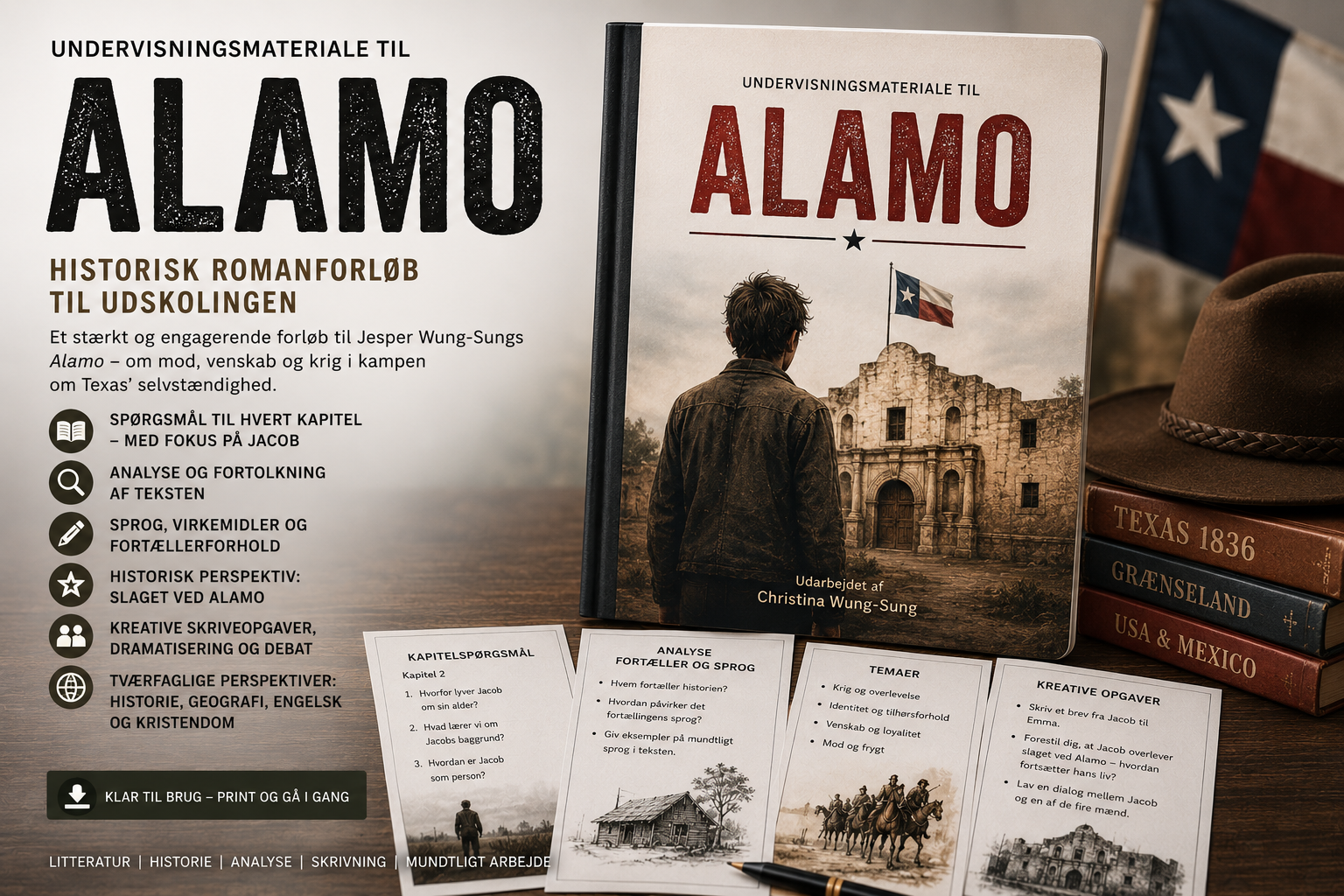 Undervisningsmateriale til Alamo med historisk romanforløb, analyse og kreative opgaver til udskolingen
