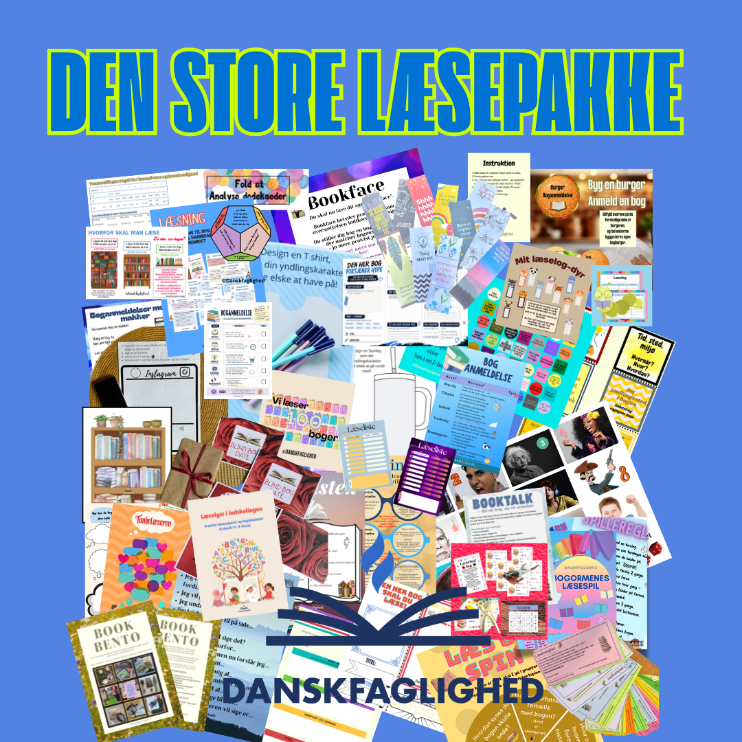 Stor læsepakke til dansk med kreative læseaktiviteter, boganmeldelser, læselog, læsespil, analyseark og undervisningsmaterialer til indskoling, mellemtrin og udskoling. Klar til print og brug.