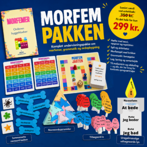 Morfempakken med hæfte, morfemspil, grammatikspil, navneordspyramider, sammensatte navneord-kødben, tillægsords-is og uregelmæssige udsagnsordslys til undervisning i dansk