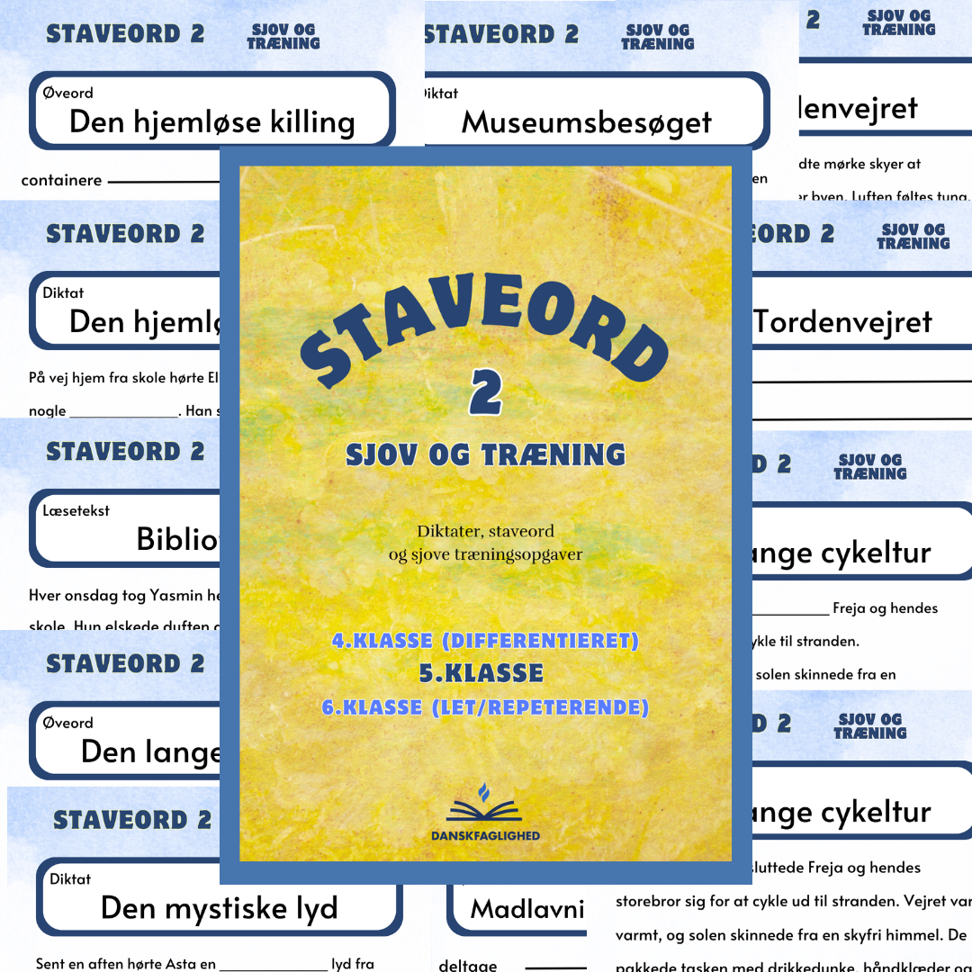 Forside til hæftet “Staveord 2 – sjov og træning” med diktater, staveord og træningsopgaver til dansk på mellemtrinnet.