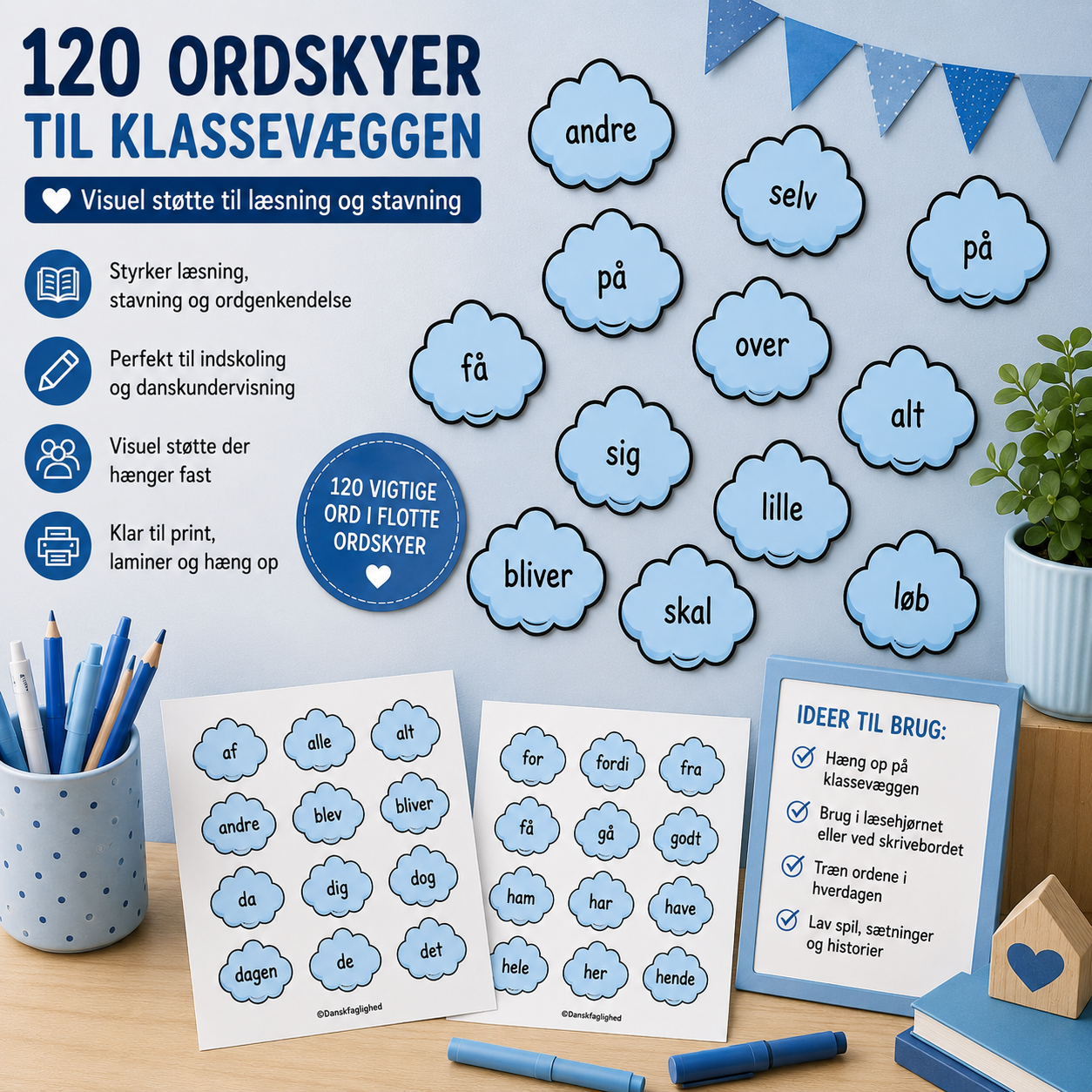 120 ordskyer til klassevæggen – højfrekvente ord til læsning og stavning