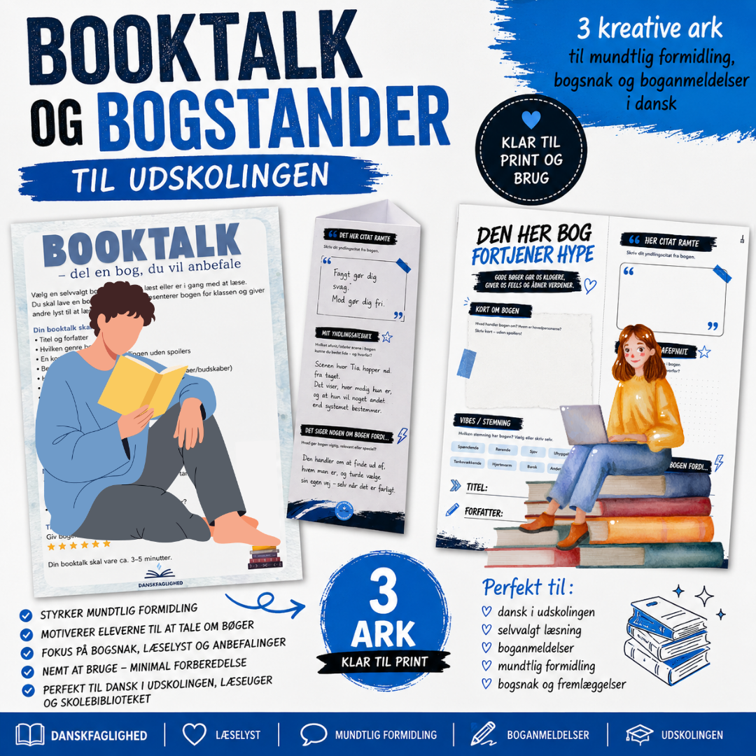 Booktalk og bogstander til udskolingen med kreative aktiviteter til bogsnak og mundtlig formidling i dansk