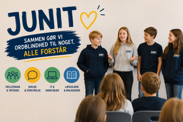 Banner til JUNIT-forløb, hvor elever fortæller om ordblindhed i klassen. Fokus på fællesskab, forståelse, dialog, IT-værktøjer og støtte til elever med ordblindhed på mellemtrinnet.