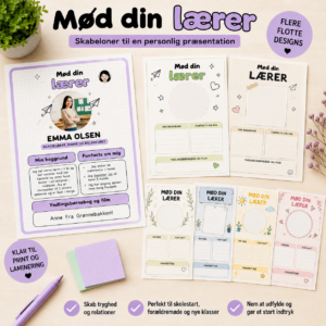 Mød din lærer-skabeloner til skolestart med plads til billede, funfacts, favoritter og personlige oplysninger