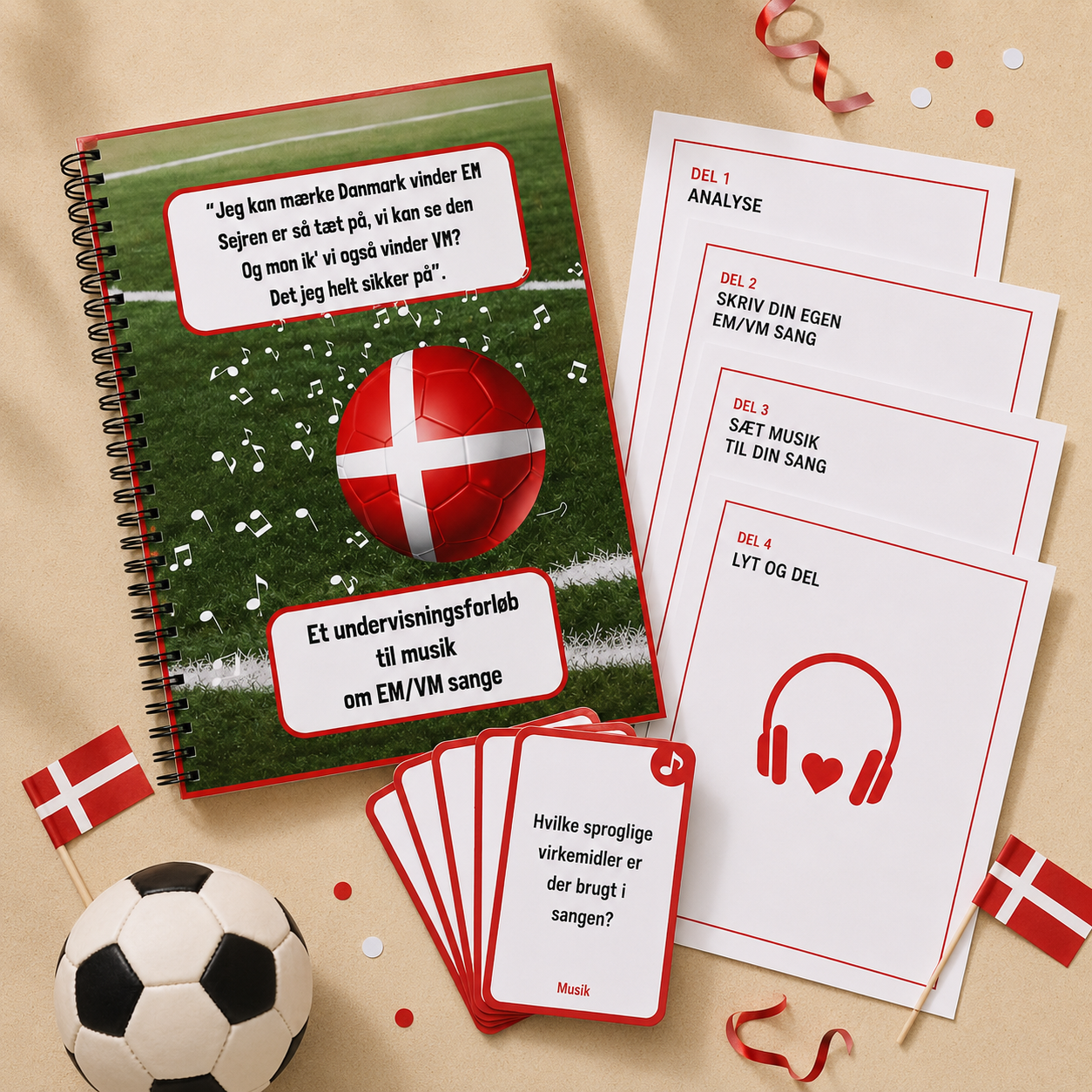 Musikforløb om EM- og VM-sange med analysekort, musikopgaver og fodboldtema til mellemtrin og udskoling