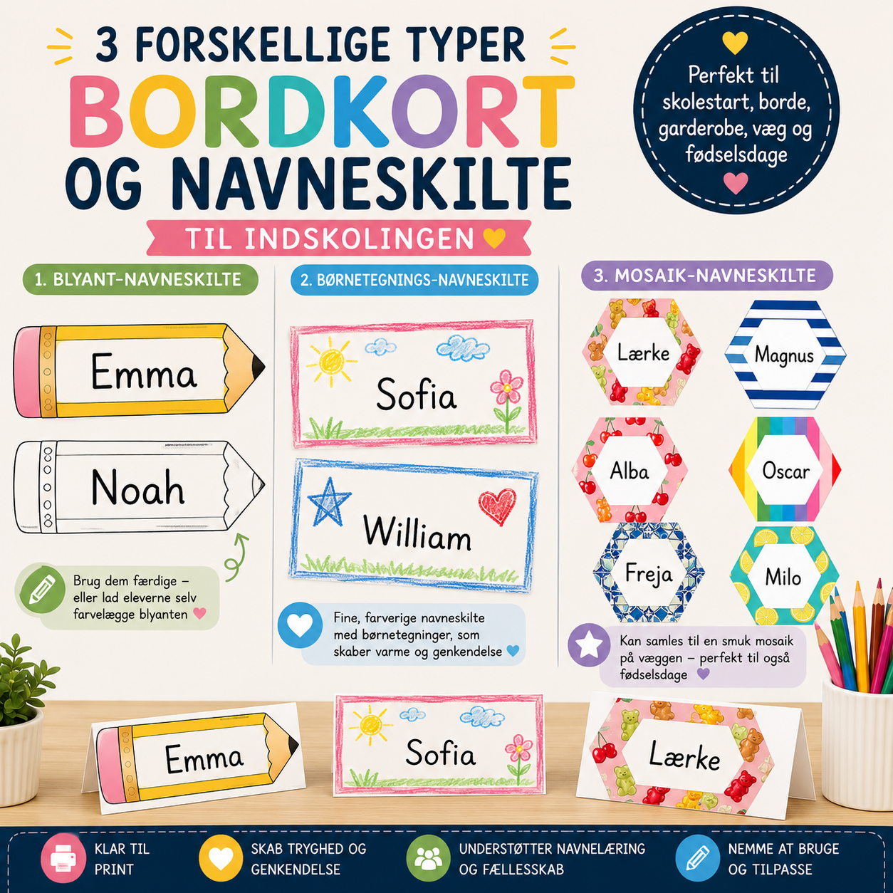 3 forskellige typer bordkort og navneskilte til indskolingen