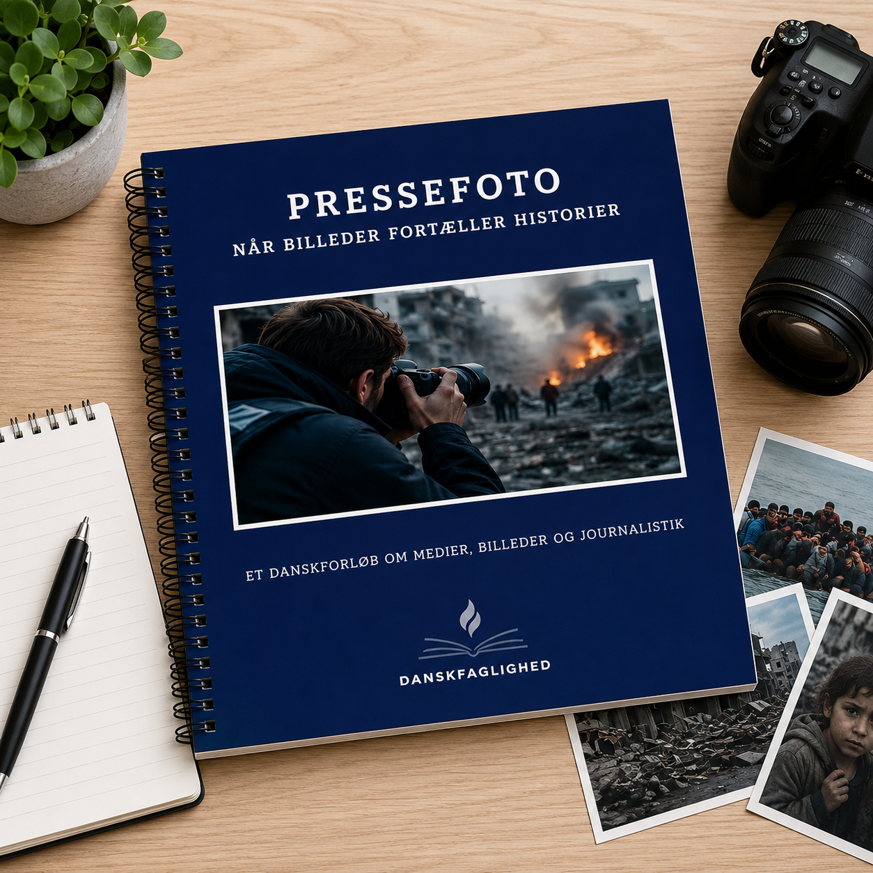 Elev arbejder med pressefoto og journalistik i danskforløb om medier, billeder og visuel analyse.