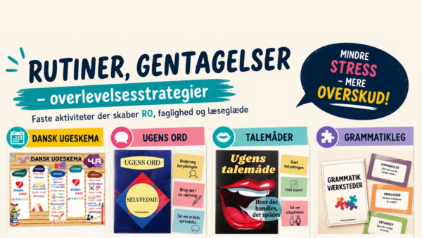 Banner med undervisningsmaterialer til dansk med fokus på ugeskema, ugens ord, talemåder og grammatikaktiviteter i farverigt layout