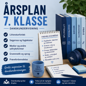Gratis årsplan i dansk til 7. klasse med oversigt over litteraturforløb, fordybelsesområder, grammatik og danskundervisning.