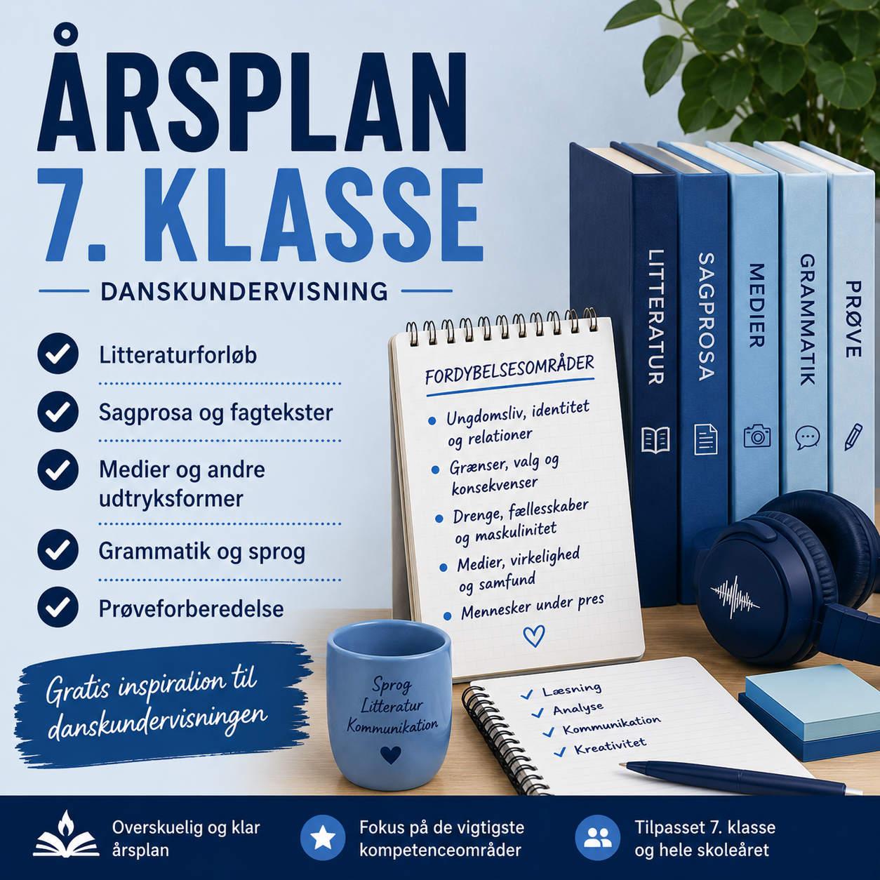 Gratis årsplan i dansk til 7. klasse med oversigt over litteraturforløb, fordybelsesområder, grammatik og danskundervisning.