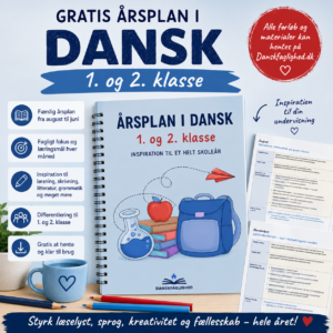 Gratis årsplan i dansk til 1. og 2. klasse med månedlig inspiration til læsning, litteratur, bogstavindlæring, grammatik og kreative undervisningsforløb.