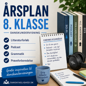 Årsplan til dansk i 8. klasse med litteraturforløb, podcast, H.C. Andersen, gys, grammatik og prøveforberedelse.