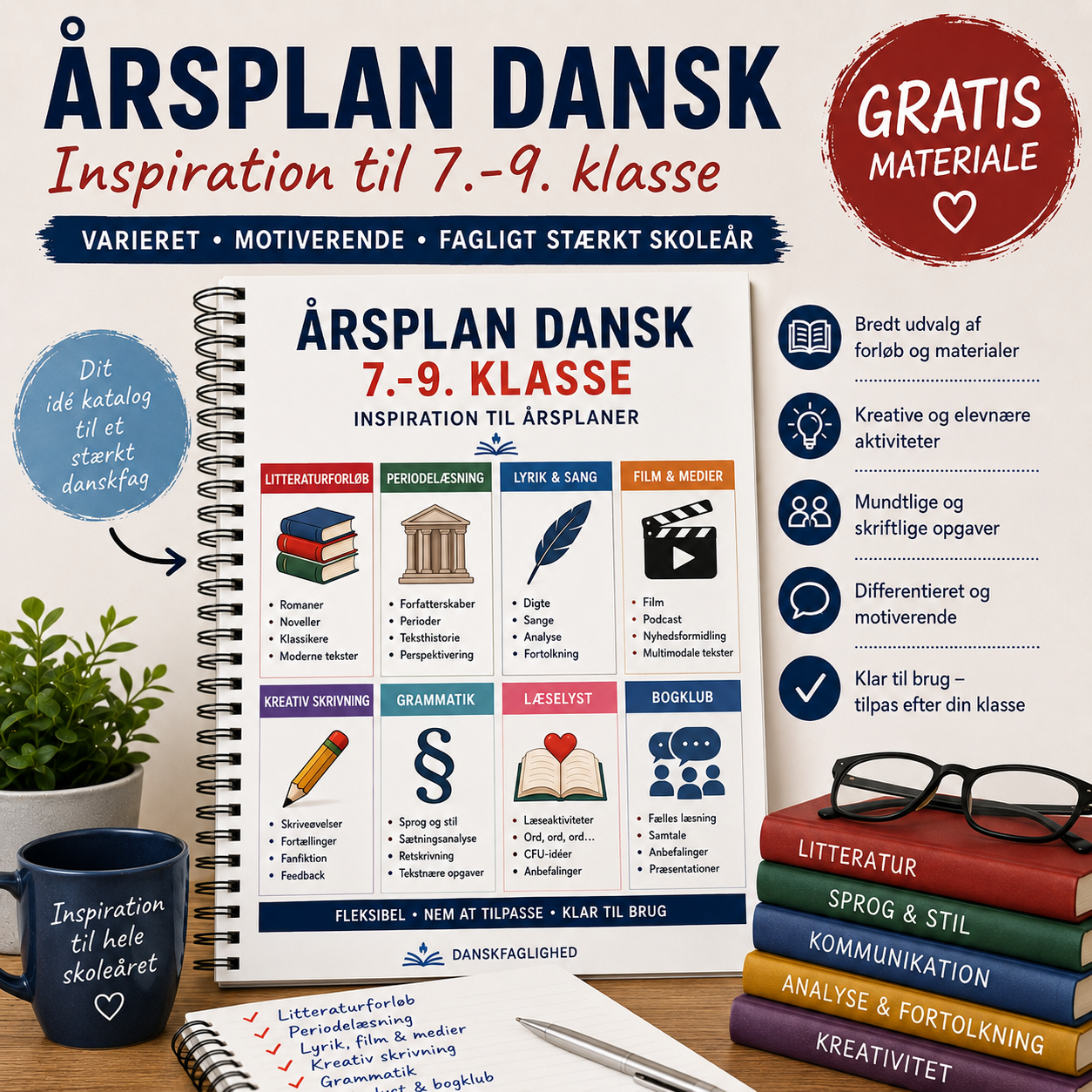 Gratis årsplan i dansk til udskolingen med inspiration til 7., 8. og 9. klasse, litteraturforløb, medier, grammatik og læselyst.
