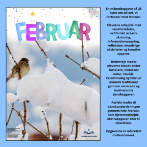 Forside til Månedsopgave – Februar med undervisningsmateriale om februar, fastelavn og Halfdan Rasmussen til mellemtrinnet.