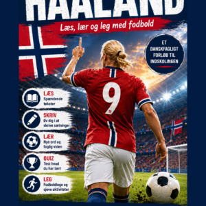 Forside til undervisningsforløbet "Haaland – læs, lær og leg med fodbold" til 2.-4. klasse med norsk inspireret design, fodboldstadion og Haaland set bagfra.