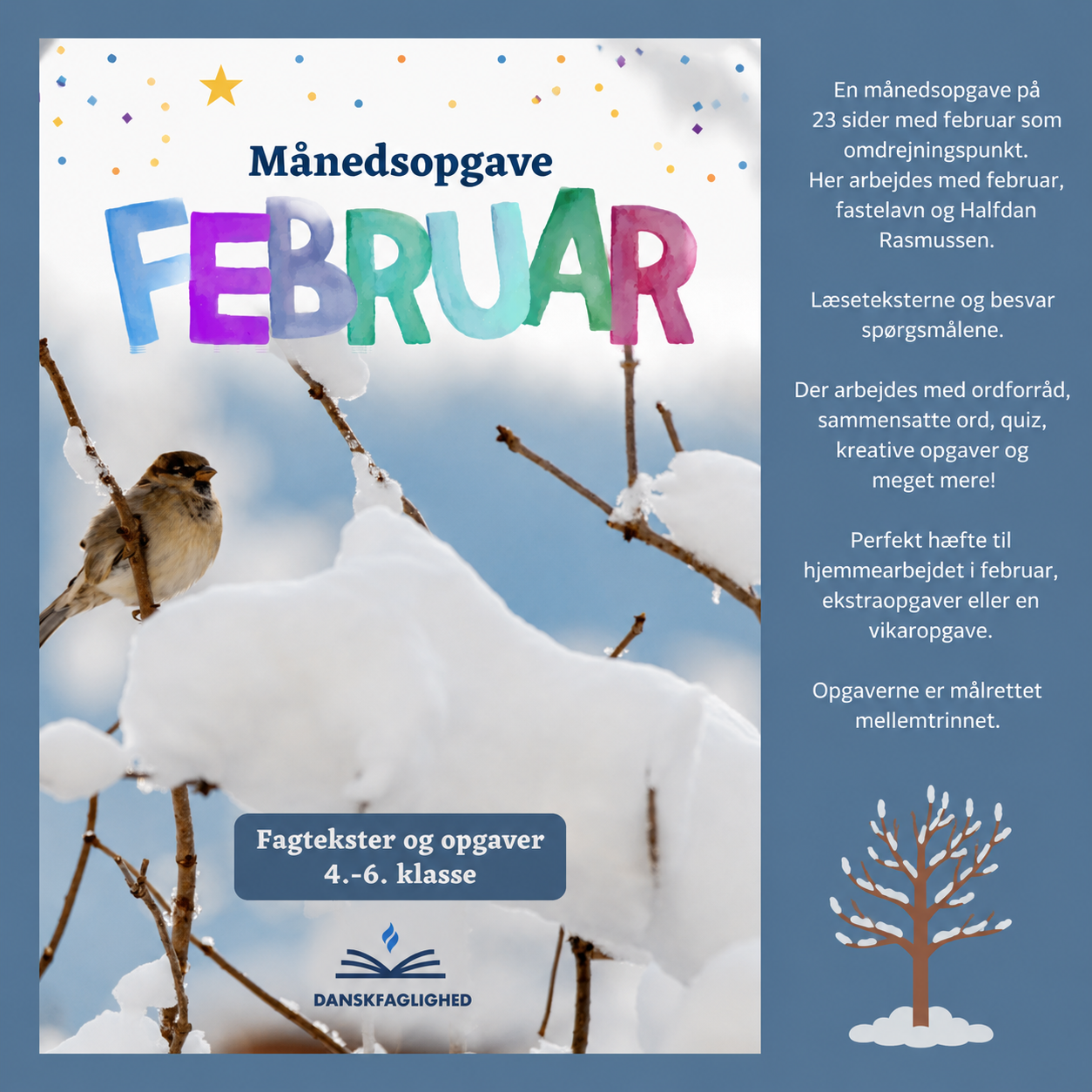 Forside til Månedsopgave – Februar med undervisningsmateriale om februar, fastelavn og Halfdan Rasmussen til mellemtrinnet.