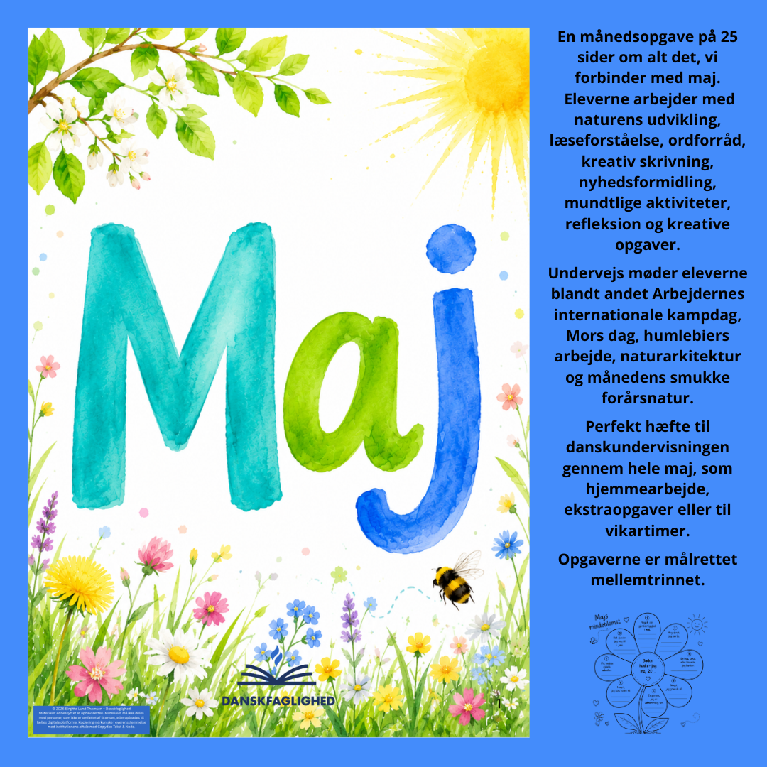 Forside til Månedsopgave – Maj med danskopgaver for 4.-6. klasse.