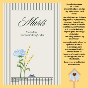 Forside til månedshæftet "Marts – månedshæfte i dansk" med blomsterillustrationer og fokus på forår og danskfaglige aktiviteter til mellemtrinnet.