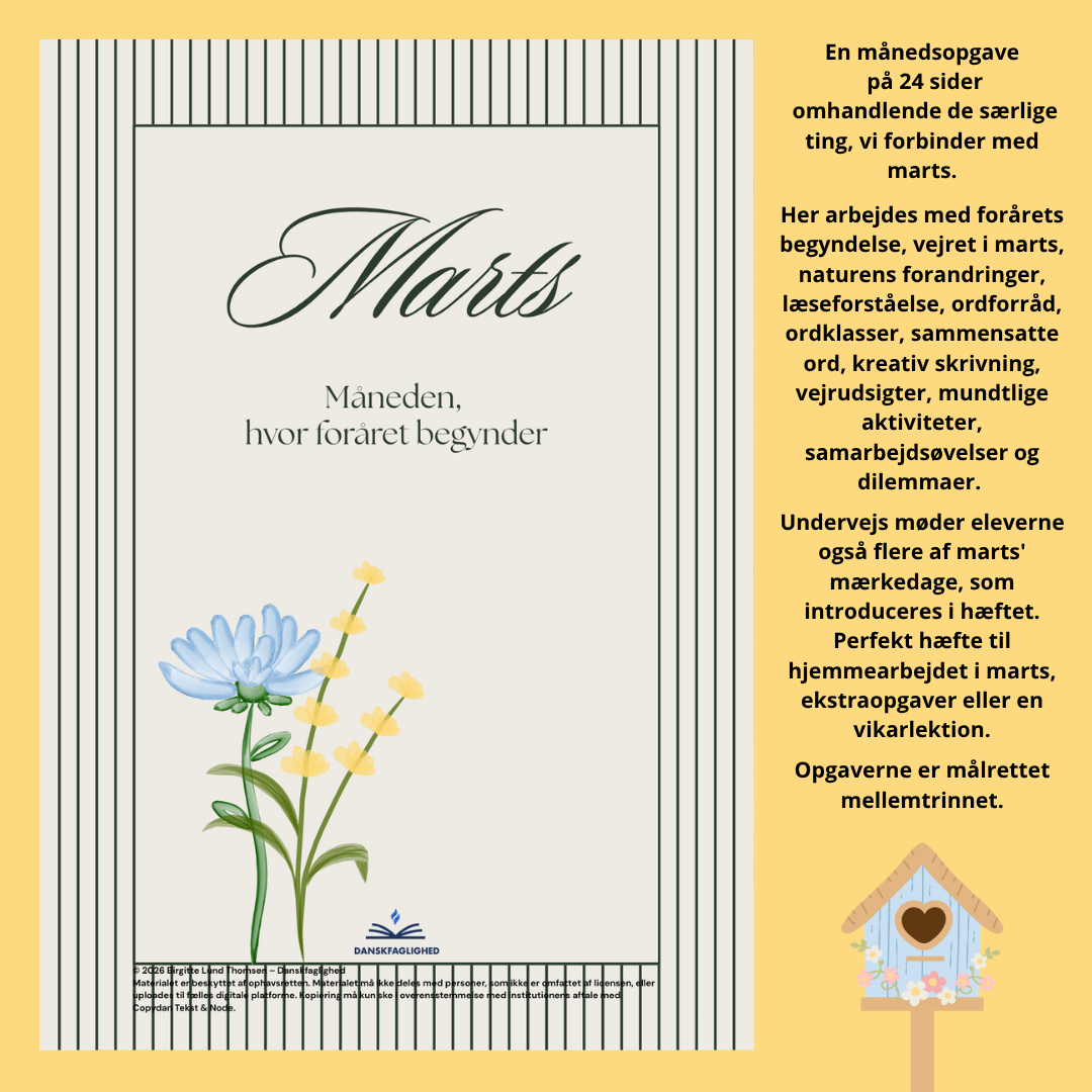 Forside til månedshæftet "Marts – månedshæfte i dansk" med blomsterillustrationer og fokus på forår og danskfaglige aktiviteter til mellemtrinnet.