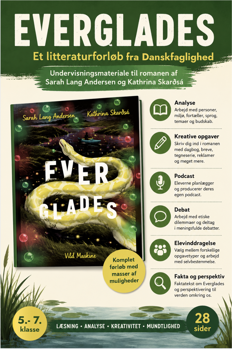 Forside til undervisningsmaterialet Everglades – Et litteraturforløb til mellemtrinnet af Sarah Lang Andersen og Kathrina Skarðsá.