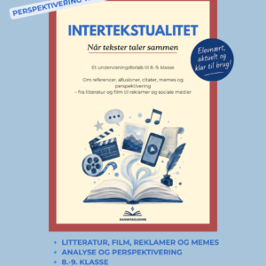 Forside til undervisningsforløbet "Intertekstualitet – Når tekster taler sammen" til 8.-9. klasse med illustration af en åben bog og symboler fra litteratur, film og sociale medier.