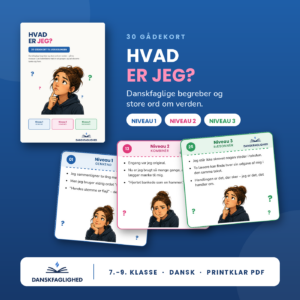 Hvad er jeg? – 30 gådekort til dansk i udskolingen fra Danskfaglighed. Forside og tre gådekort i blå, pink og grøn med ledetråde til danskfaglige begreber.