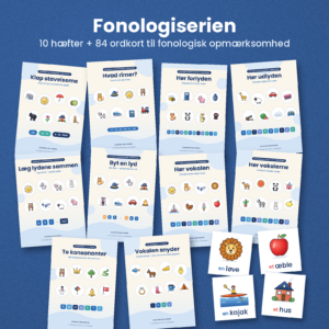 Fonologiserien fra Danskfaglighed – forsiderne til 10 hæfter og 84 ordkort om fonologisk baggrund i indskolingen på blå