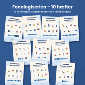 Fonologiserien fra Danskfaglighed – forsiderne til 10 hæfter om fonologisk opmærksomhed i indskolingen på blå baggrund