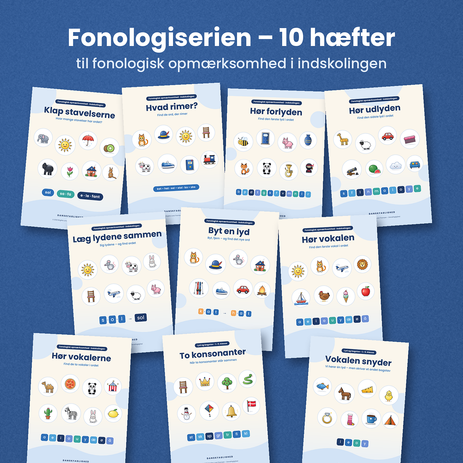 Fonologiserien fra Danskfaglighed – forsiderne til 10 hæfter om fonologisk opmærksomhed i indskolingen på blå baggrund