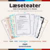 Forside: Læseteater til 4. klasse – forside med 6 manuskripter i forskellige genrer Vifte: Seks manuskripter til læseteater vist i vifte med lærervejledning og elevvejledning Opslag: Side fra manuskript til læseteater med replikker fordelt på fem roller