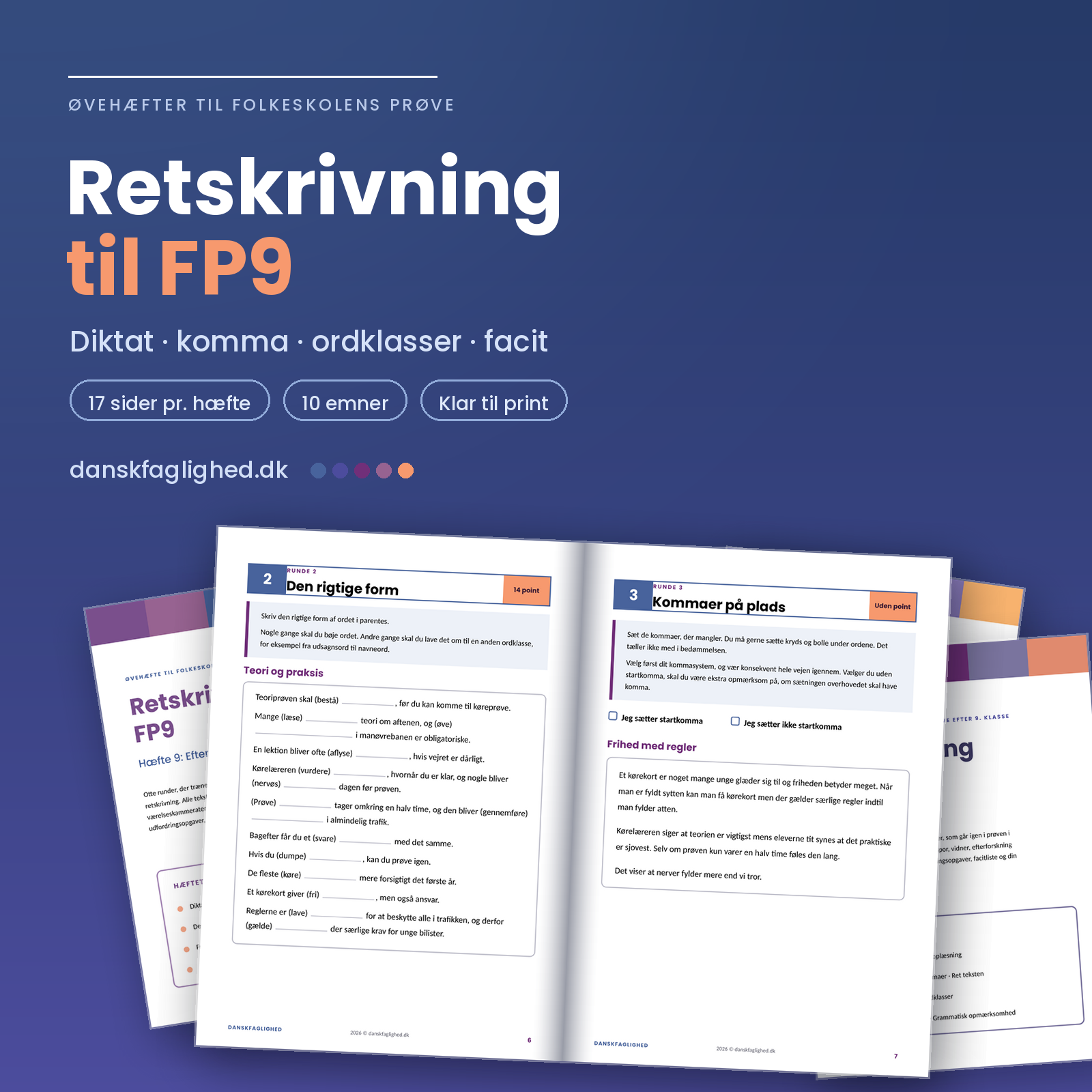 Opslået øvehæfte i retskrivning til 9. klasse med opgaverne Den rigtige form og Kommaer på plads