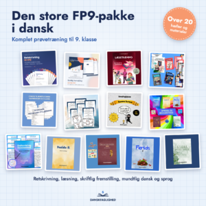 FP9 dansk pakke til 9. klasse med over 20 hæfter og materialer til retskrivning, læsetræning, skriftlig fremstilling, synopse, fordybelsesområder, komma og sproglig bevidsthed