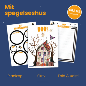 Gratis Halloween skriveopgave til indskolingen – Mit spøgelseshus med foldbart spøgelseshus, planlægningsark og skriveark