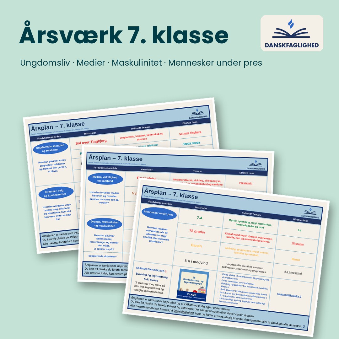 Årsværk i dansk til 7. klasse – oversigt over årsplanen og materialerne i pakken