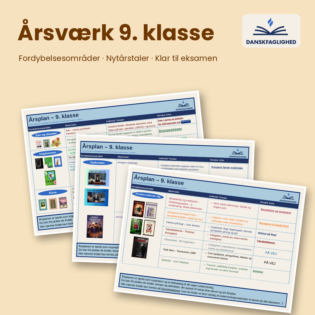 Årsværk i dansk til 9. klasse – oversigt over årsplanen og materialerne i pakken