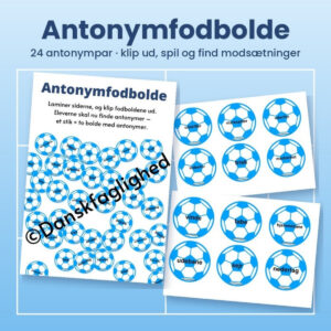 Antonymfodbolde fra Danskfaglighed – forside og ark med fodbolde med antonymer som vinde og tabe