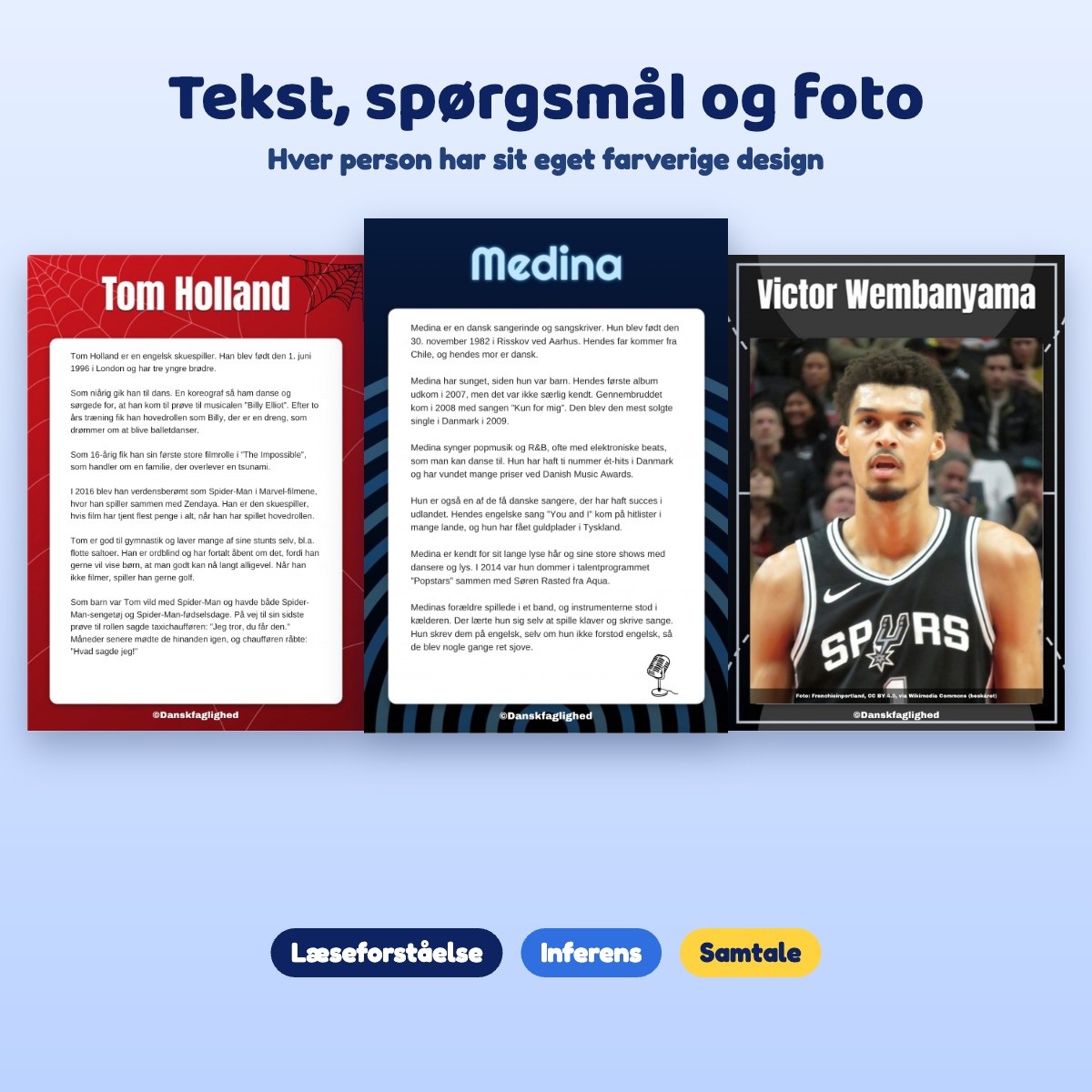 Eksempler på sider fra Seje personer 5 med læsetekst, spørgsmål og foto