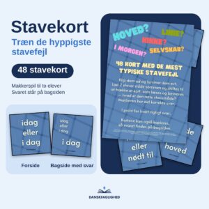 Stavekort med 48 kort med de mest typiske stavefejl – forside og stavekort, der viser to stavemåder på forsiden og den rigtige stavning på bagsiden, til makkerarbejde i dansk